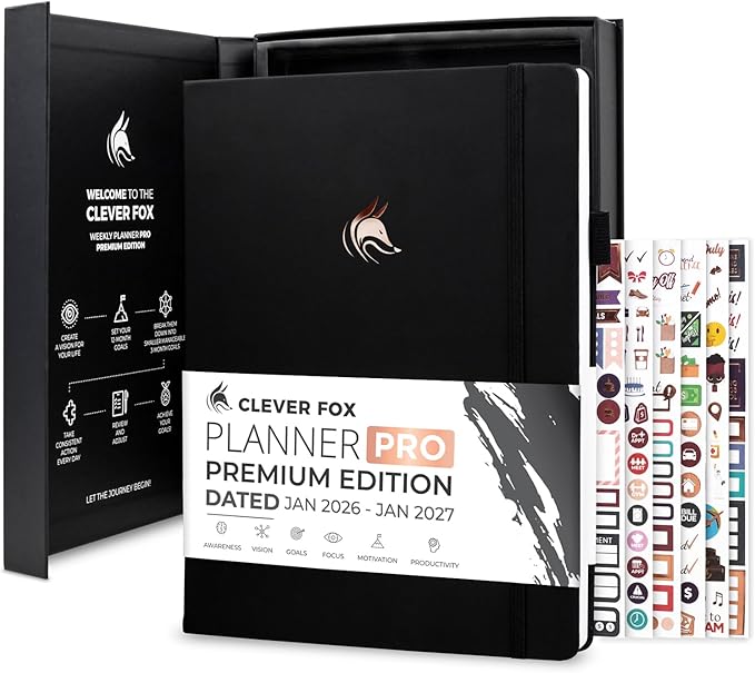 Clever Fox Planner PRO Premium Jan 2026-Jan 2027 – Luxurious Weekly, Monthly & Budget Agenda Organizer for Productivity & Reaching Goals, A4 Hardcover + Keepsake Box – Black