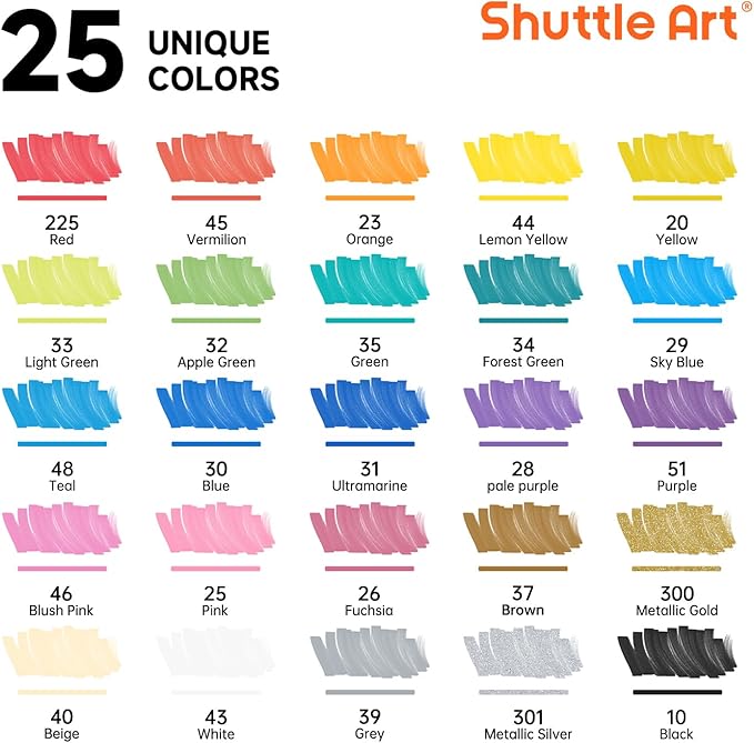 Shuttle Art 25 Colors Dual Tip Acrylic Paint Markers, Brush Tip and Fine Tip Acrylic Paint Pens for Rock, Ceramic, Wood, Canvas, Plastic, Glass, Stone, Calligraphy, Card Making, DIY Crafts