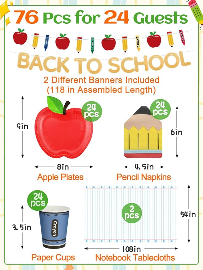 Alphatool Back to School Party Tableware Decoration Set Serves 24 Guests | 24 Set Paper Plates Pencil Napkins Cups, 2 Pcs Tablecloths and Banners for First Day of Preschool