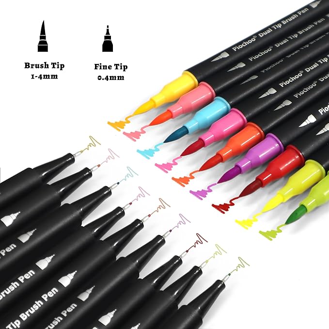 Piochoo 18 Colors Dual Tip Markers, Fine Point & Brush Tip for Adult Coloring Books, No Bleeding, Art Supplies