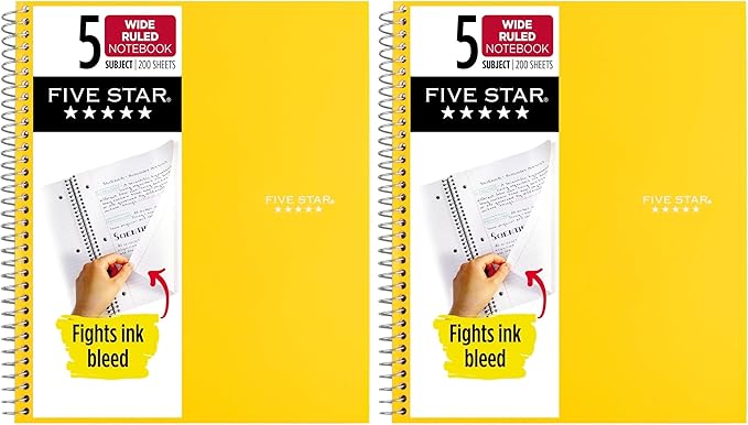 Five Star Spiral Notebook, 5 Subject, Wide Ruled Paper, Fights Ink Bleed, Water Resistant Cover, 8" x 10-1/2", 200 Sheets, Color Will Vary (05206) (Pack of 2)