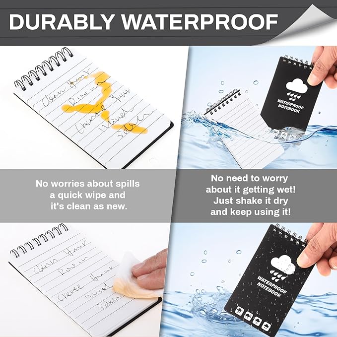 Thboxes 4 Pack Waterproof Pocket Notebook, 5" x 3" Top-Spiral Waterproof All Weather Notepad for Office School Police Outdoor Recording Steno Note Pads