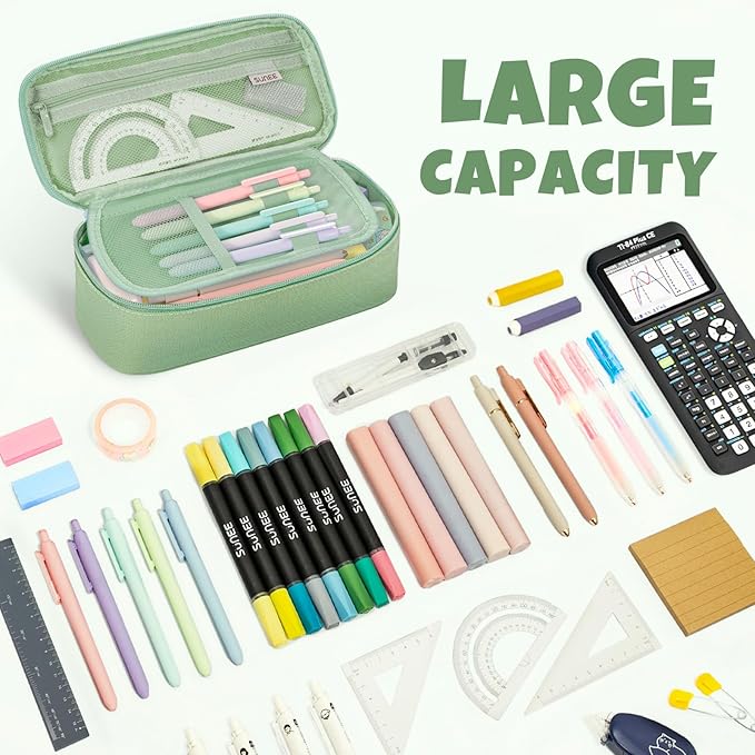SUNEE Cute Pencil Case, Large Capacity Pencil Pouch, Big Storage Organizer for Stationery, Zipper Pen Bag, Back to School Supplies, Office Organizer Makeup Bag, for Teen Girl Boy Men Women, Green