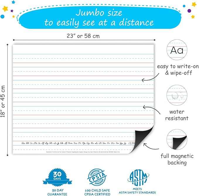 Jumbo Magnetic Handwriting Paper - Large Magnetic Lined Paper for Whiteboard, Primary Dry Erase Notebook Poster, Giant Early Writing Page, Classroom Resources for Teachers Simply Magic - 23" x 18"