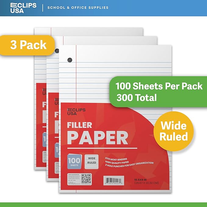 Wide Ruled Loose Leaf Paper Wide Ruled Notebook Paper Lined Writing Filler Paper 10.5” x 8” 56 gsm 300 Sheets 100 Sheet Per Pack (3 Pack)
