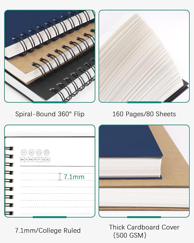 Dynta 3Packs Large Spiral Notebooks 8.5 "x 11" Lined College Ruled Journals for Work, School, Good for Students and Office, 160 Pages/80 Sheets with 100 GSM Lined Paper(3 Colors)