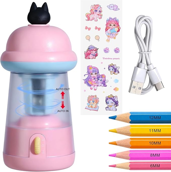 Rechargeable Electric Pencil Sharpener, 6-12mm Auto in & Out Fully Automatic Pencil Sharpener for Kids, Large Capacity Battery Powered, with Cartoon Stickers Ideal for Classroom & Home (Pink)