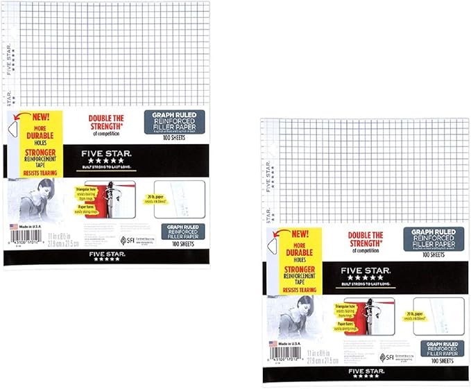 Five Star Filler Paper, Graph aZcbu Ruled, Reinforced, Loose-Leaf, 11 x 8 1/2" Sheet Size, 100 Sheets (2 Pack)