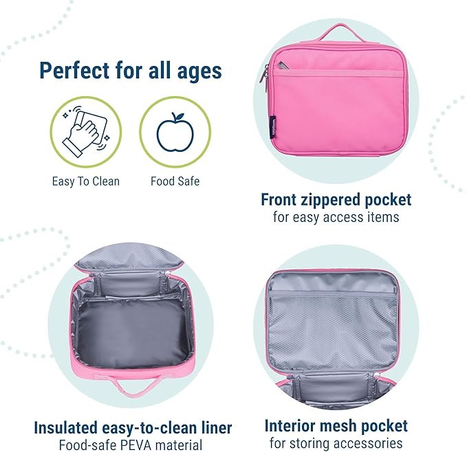 Wildkin Kids Insulated Lunch Box, Keeps Food Hot or Cold, BPA-Free with Mesh Pockets & Easy-Clean Lining – Ideal for School, Travel & Daycare – Flamingo Pink