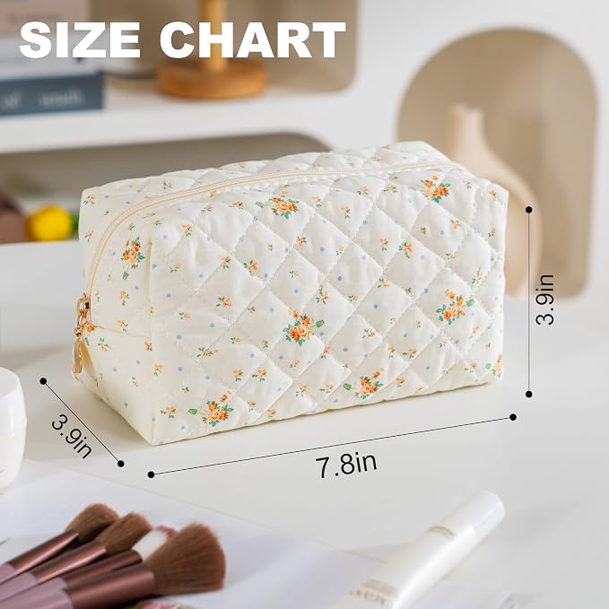 Makeup Bag Travel Toiletry Bag for Women, Small Cosmetic Bags Cute Quilted Cotton Makeup Pouch for Purse Emergency Bag Floral Pencil Case Accessory Bag, Orange Floral