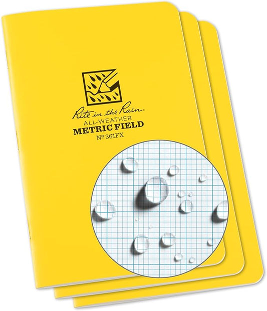 Rite In The Rain Weatherproof Stapled Notebook, 4.625" x 7", Yellow Cover, Metric Field Pattern, 3 Pack (No. 361FX)