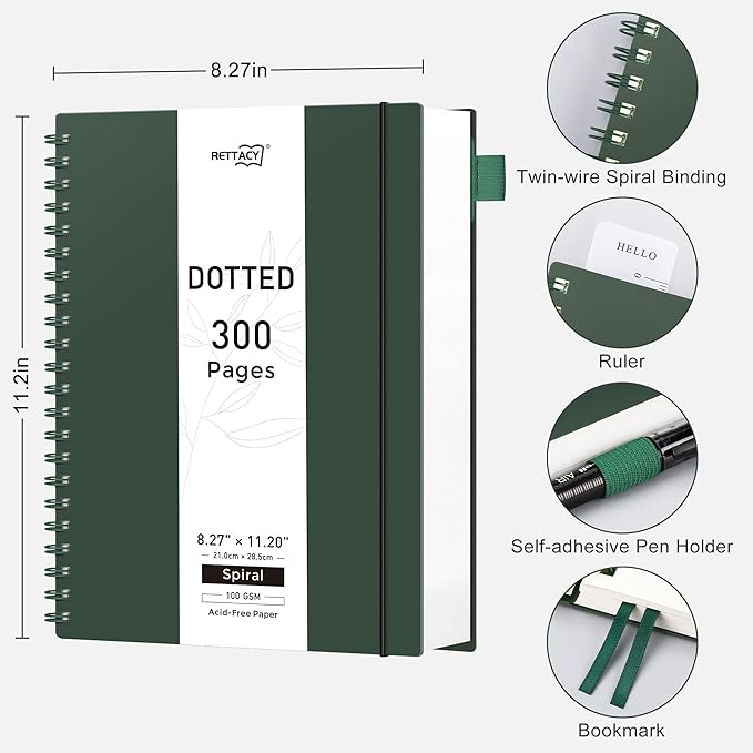RETTACY Dotted Journal Notebook, 300 Pages, A4 Large Size (8.2'' × 11.2''), 100 GSM Thick Paper, Flexible Plastic Cover, Spiral-bound, for Journaling, Planning, Tracking (Deep Green)