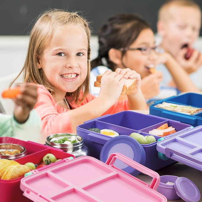 Bento Box for Kids with Thermos, [Large Capacity] Insulated Kids Lunch Box with 4 Compartment for Ages 3+, Drop-Proof & Dishwasher Safe Lunchbox Container Purple