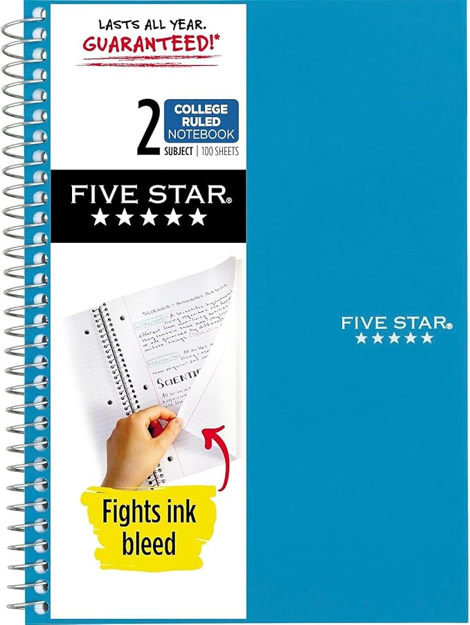 Five Star Spiral Notebook, 2 Subject, College Ruled Paper, 100 sheets, 9-1/2" x 6", Color Selected For You, 1 Count (06180)