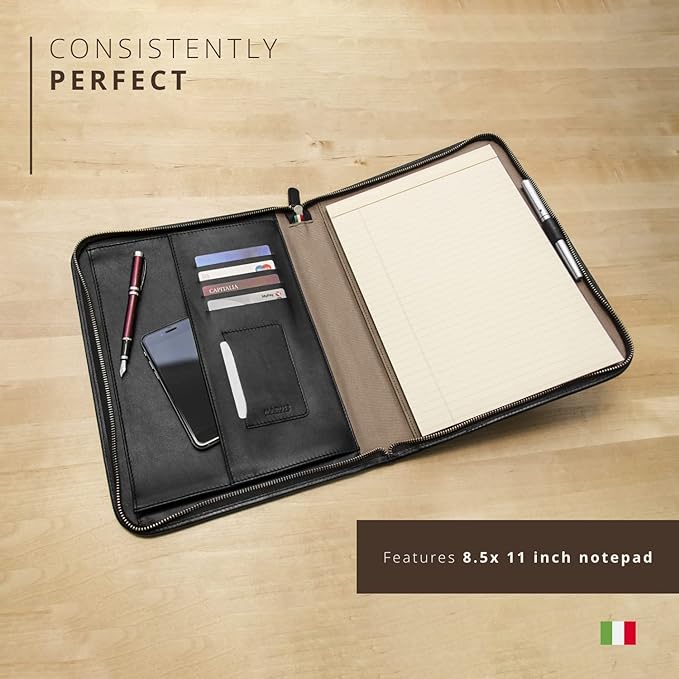 Premium Maruse Leather Portfolio Padfolio - Executive Folio for Men and Women with Zipper, Folio Document Organizer, Laptop Sleeve, iPad Case and Folder - Made in Italy, Black