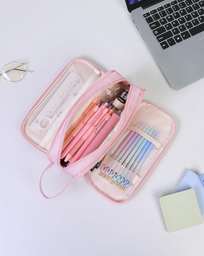 SKYDUE Large Capacity Pencil Case with Handle, 3 Compartment Canvas Pencil Pouch, Cute Soft Color Pencil Bag for Pens, Markers, Aesthetic Stationery and Organizer for Teen Girls Adult, Pink