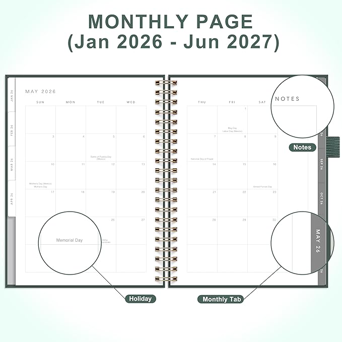 And Per Se 2026 Planner, A4 Size-Daily, Weekly & 18-Monthly Planner, Daily Schedule, Monthly Tabs, 100 GSM Thick Paper(Forest Green)