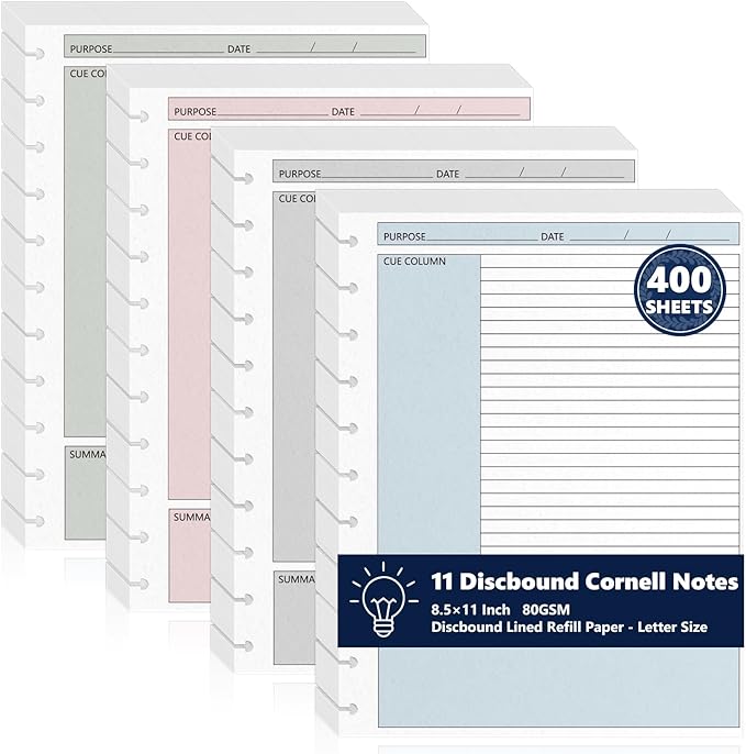 400 Sheet 11-Disc Cornell Notes Loose Leaf Paper 8.5×11 Inch for Discbound Planner Letter Size College Ruled Cornell Note Notebook 9/32" Spacing Taking System Filler Paper for School Office 80gsm