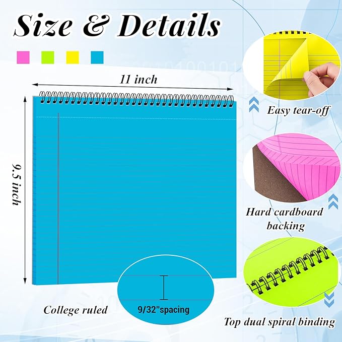 MotiMind 4 Pcs Legal Pads Landscape Notebooks Hole Punched Top Spiral Bound Notebooks 11 x 9.5 Inch College Ruled Drawing Notepad Tear Line for Removal 50 Sheet Office Steno Book(Neon)