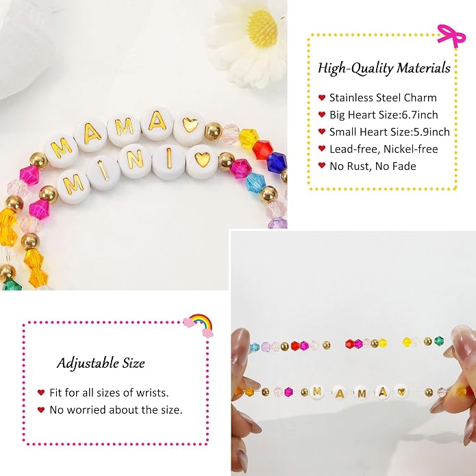 BAYLAY Back to School Bracelet - First Day of School Preschool/Kindergarten/1st Grade/2nd Grade/Back to School Stuff Gifts Supplies Mommy and Me Mommy Daughter Bracelets Heart Beaded Bracelets Gifts