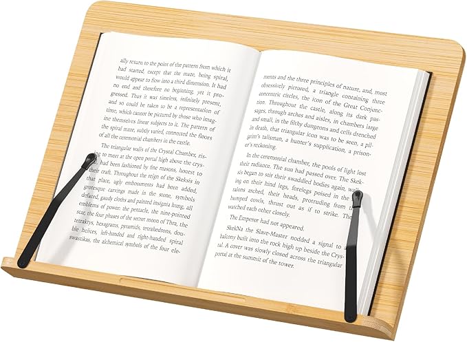 Bamboo Book Stand, Adjustable Reading Holder with Page Clips, Portable Lightweight Desk Stand for Textbooks, Cookbooks (Medium)