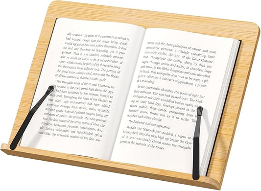 Bamboo Book Stand, Adjustable Reading Holder with Page Clips, Portable Lightweight Desk Stand for Textbooks, Cookbooks (Medium)