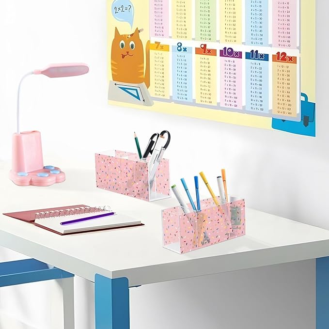 Aslsiy Colorful Confetti Sprinkle Pink Pen Holder for Women 4 Compartments Acrylic Pencil Holder Clear Makeup Brush Holder Desk Organizer Office Supplies