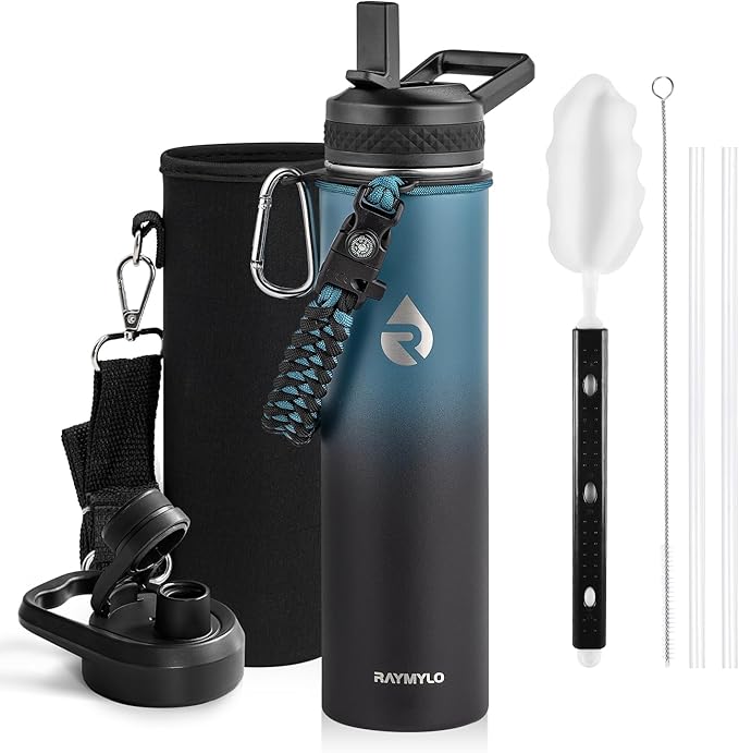 RAYMYLO Insulated Water Bottle 24oz, Triple Wall Vacuum Stainless Steel (Cold for 24Hrs, Hot for 12Hrs), Leak Proof & Non-BPA, 24oz Hydro Water Flask with Paracord Handle & Straw Spout Lids