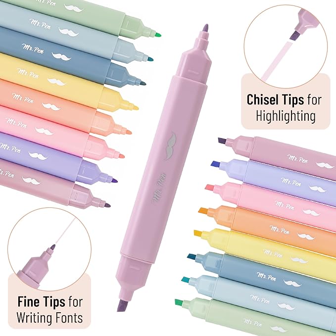 Mr. Pen- Aesthetic Highlighters No Bleed Through, Assorted Color, 8pcs | Dreamfield, Dual Tip for Journaling Supplies and School Accessories, Cute Highlighter, Bible Highlighters, No Bleed