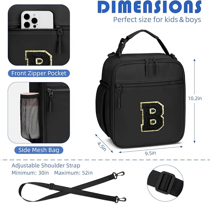 Initial Insulated Lunch Bag for Boys Kids, Back to School Gift, Reusable Leak-proof Lunch Box with Adjustable Strap for School Daycare Travel Picnic（Black，B）
