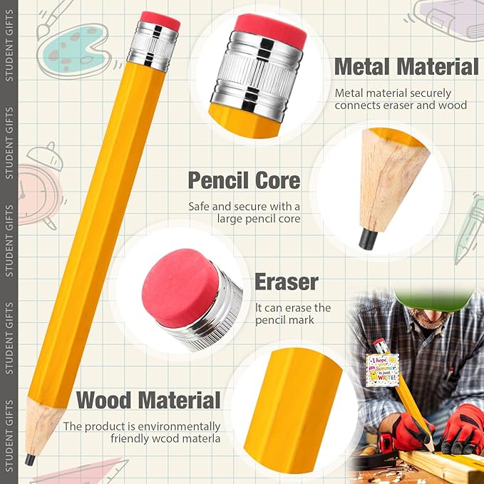 24 Sets End of the Year Student Gifts 13 Inch Big Wooden Jumbo Pencils Set of Giant Pencil Prop with Summer Greeting Card Large Pencils with Cap Preschool Kindergarten Graduation Gift