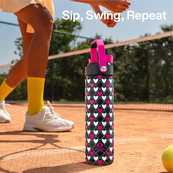 ENCOOL Insulated Water Bottle with Straw Stainless Steel Water Bottle, Leak-Proof, BPA-Free, Keeps Cold for 24 Hours for Sports, Travel, School (26 oz,Bold Hearts Valentine x Black)