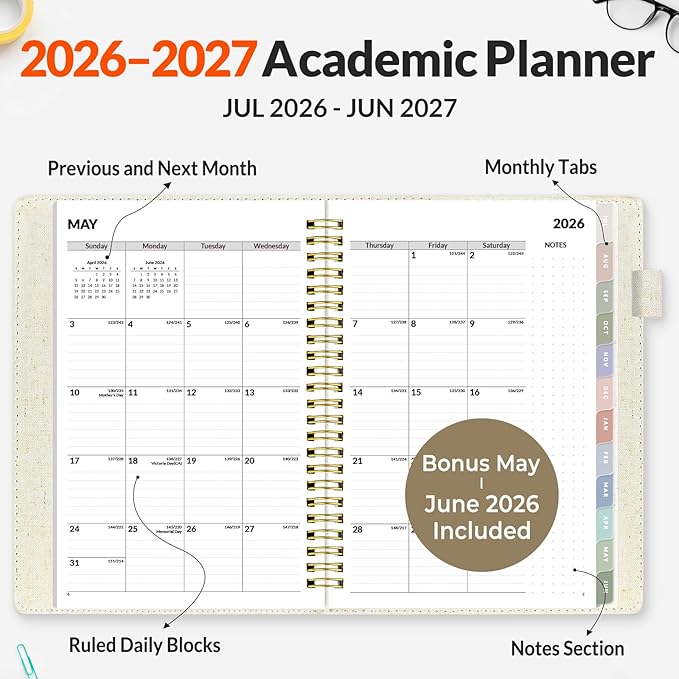 SUNEE 2026-2027 Weekly & Monthly Planner 6.4"x8.5" - 12 Month (July 2026 - June 2027), Vegan Leather Cover Planner Academic Year Calendar, Pocket, Notes, Monthly Tab, Beige