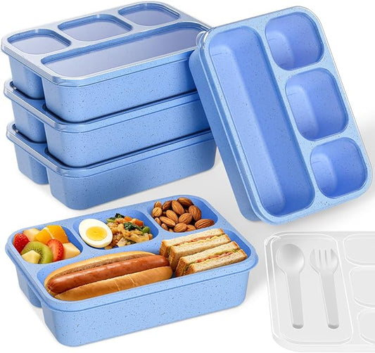 Bento Box 5-Pack, 4-Compartment Lunch Box for Women, Men & Kids, BPA-Free Wheat Straw Snack Containers, Ideal for Meal Prep, Travel, School, Work (Blue)