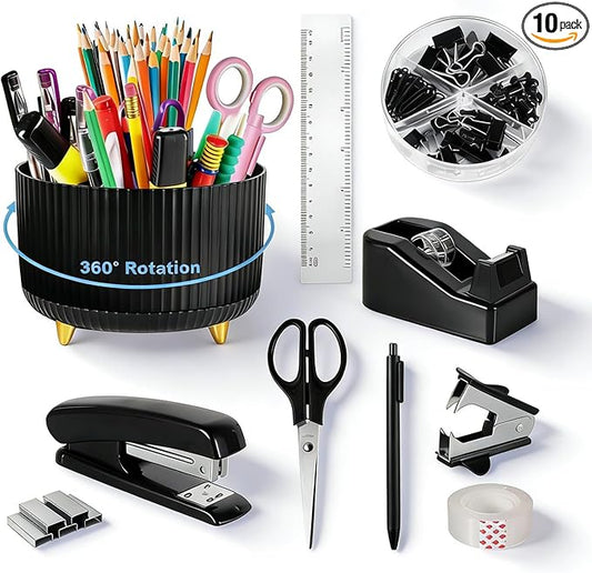 Gawsey Desk Organizers and Accessories Set with 360-Degree Rotating Pen Holder, Tape Dispenser, Stapler, Staple Remover, 1000 Staples, Tape, Clips Set, Ruler, Scissor, Pen (Black)