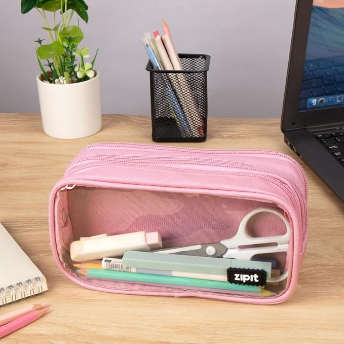ZIPIT Half & Half Pencil Case for Girls, 3-Compartment Zipper Pouch, Pink | Clear-front pencil case for school, dedicated organizer panels, holds up to 70 pens & pencils, durable easy-care polyester