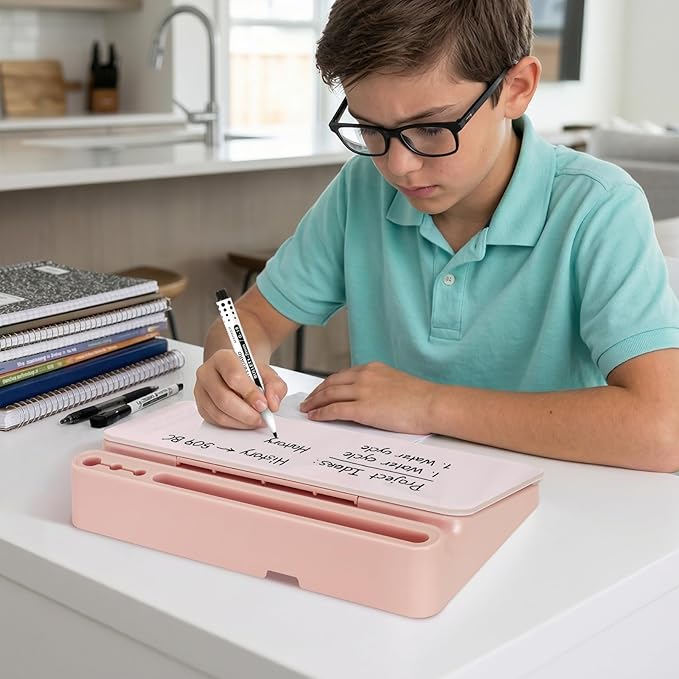 DOLLAR BOSS 12''x7'' Glass Desktop Whiteboard Small Dry Erase Board with Storage Drawer Computer Keyboard Stand Desk Organizer Office Accessories School Supplies with 4 Markers, Pink
