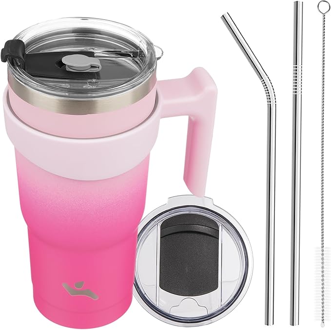 Konokyo 20 oz Tumbler with Handle and 2 Straw 2 Lid, Insulated Water Bottle Stainless Steel Vacuum Cup Reusable Travel Mug, Cherry