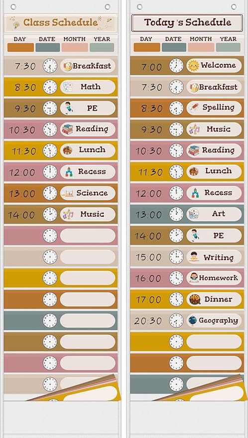 18+1 Pockets Daily Schedule Pocket Chart, Classroom Visual Schedule for Kids with 24 Double Sided Reusable Cards, Classroom Pocket Chart for Office Home Preschool Daily Use, Boho White