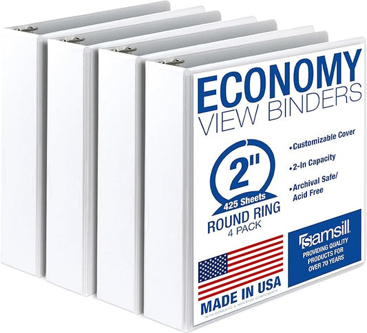 Samsill 2 Inch 3 Ring Binders, Economy Round Ring, Clear View Cover, 425 Sheet Capacity - for School, Home, Office - White, 4 Pack