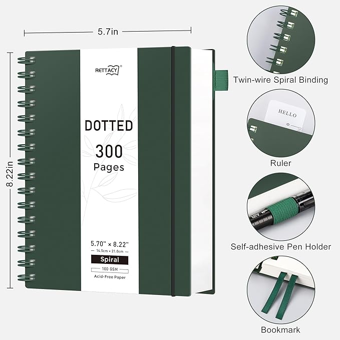 RETTACY Dotted Journal Notebook, 300 Pages, A5 Medium Size (5.7'' × 8.2''), 100 GSM Thick Paper, Flexible Plastic Cover, Spiral-bound, for Journaling, Planning, Tracking (Deep Green)