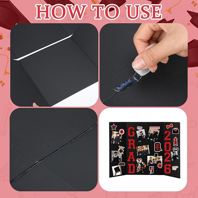 MiniInflat 4 Set 2026 Graduation Picture Trifold Poster Board Double-sided Foldable Photo Display Board Graduation Decoration for Class of 2026 High School College DIY Craft(Black Red,24 x 32 Inches)