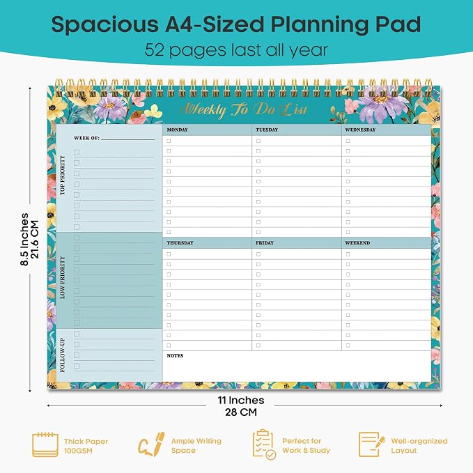 Weekly To Do List Notepad with 52 Undated Sheets（8.5"×11"）- Weekly Desk Planner for Women & Man, Work and Home - Floral