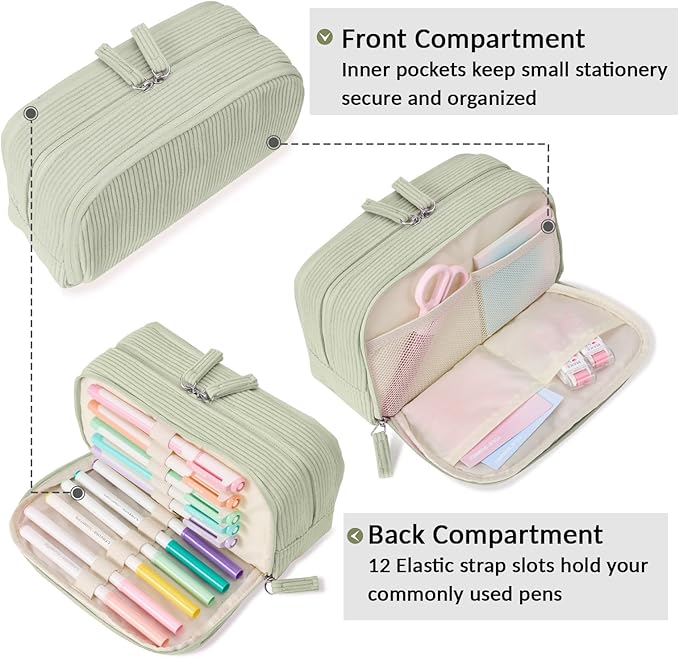 Sooez Big Capacity Pencil Case Pen Pouch, Soft Corduroy Pencil Bag with 3 Compartment, Multiple Pockets, Sturdy Zipper, Cute School Supplies Pen Bag Organizer For Teen Girls College, Green