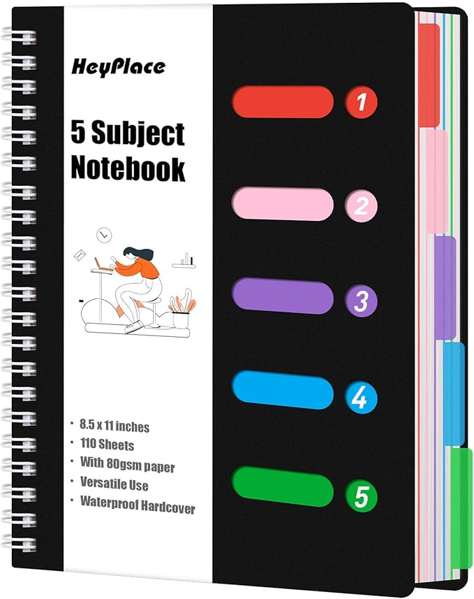 Subject Notebook Wide Ruled, 8.5x11inch Hardcover 5 Subject Lined Spiral Notebook with Dividers Tabs for School Note Taking Office Journal, 220 Pages, Black
