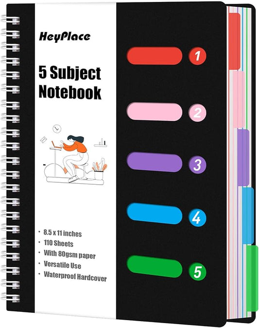 Subject Notebook Wide Ruled, 8.5x11inch Hardcover 5 Subject Lined Spiral Notebook with Dividers Tabs for School Note Taking Office Journal, 220 Pages, Black