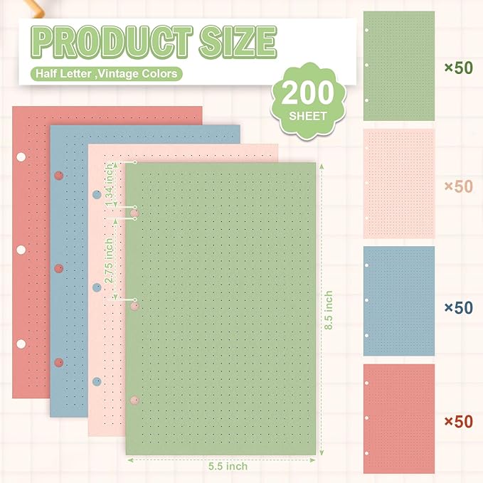 200 Sheets 5.5 X 8.5 Inch Half Letter 3 Hole Notebook Dot Grid Paper Loose Leaf Paper for Mini Binder Colored Dotted Graph Paper Bulk Dotted Paper Refills for Planner Inserts for School Office