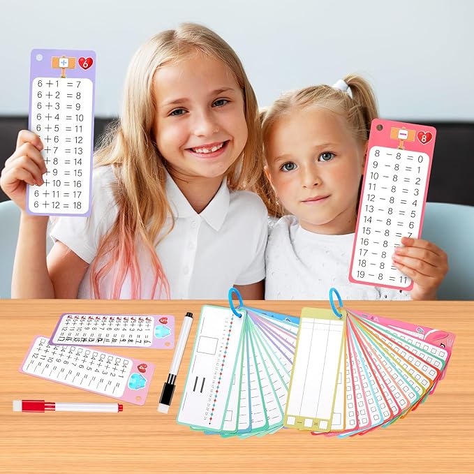30Pcs Addition and Subtraction Flash Cards, Math Flash Card with 4 Dry Erase Pens 2 Rings, Time Table Flash Cards for 1st to 3rd Grades Fun Learning with Math Game