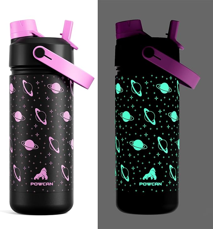 18 oz Kids Insulated Water Bottle: Glow-in-the-Dark, 2-in-1 Straw Spout Lid, Leakproof, BPA-Free, Keep Cold 24H, Stainless Steel Cup for School, Party, Travel, Holiday, Gift (Magic Glow Planet)