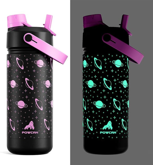 18 oz Kids Insulated Water Bottle: Glow-in-the-Dark, 2-in-1 Straw Spout Lid, Leakproof, BPA-Free, Keep Cold 24H, Stainless Steel Cup for School, Party, Travel, Holiday, Gift (Magic Glow Planet)